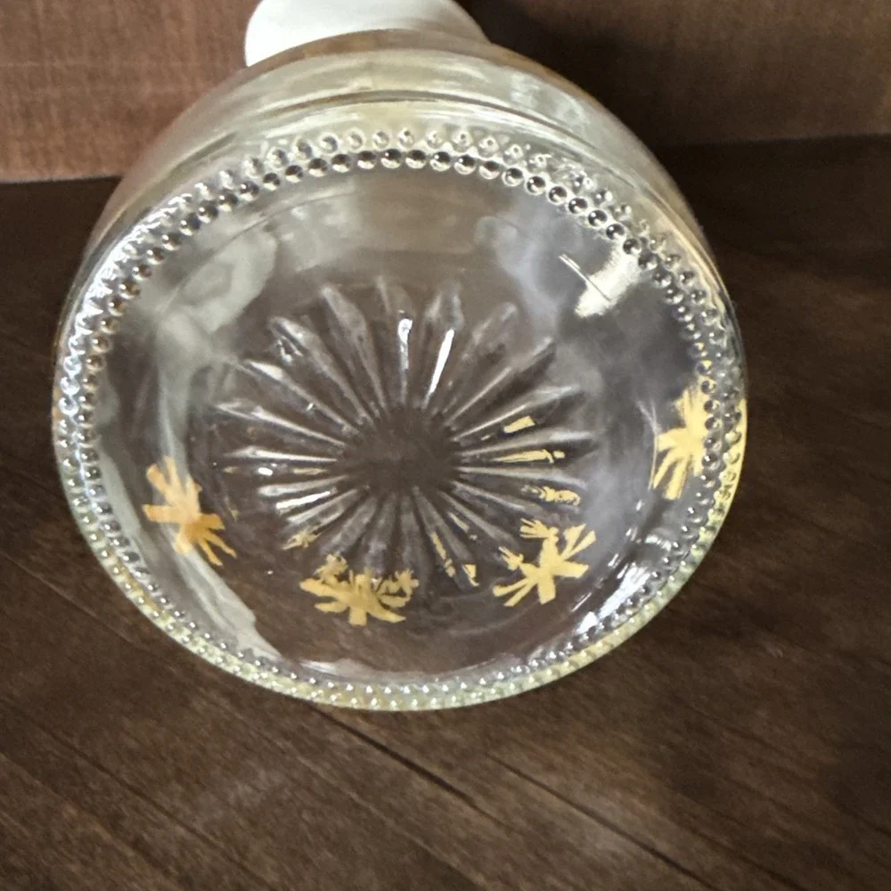 Vtg MCM Log Cabin Glass Syrup Server with Handle, Gold Starburst Maple Syrup Jug